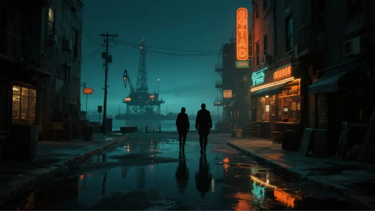 A dark view from an alleyway, neon signs light up dingy bars 2 divers walk along the street an oilrig sits in the bay in the background.