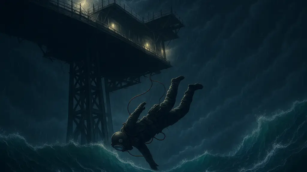 a commercial diver falling from an oilrig in the North Sea. Highlighting the need for commercial diver safety.