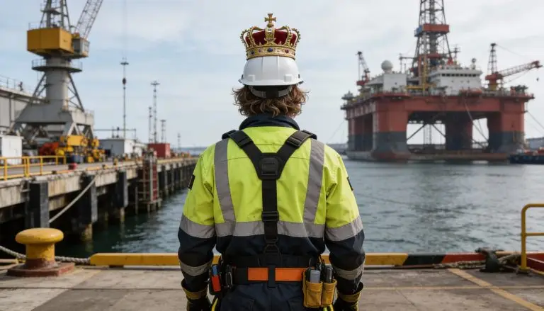 Offshore worker with crown on hard hat standing on dockside with oil rig in background
