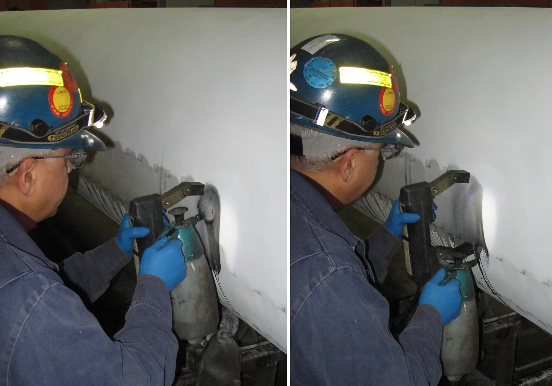 A technician performs magnetic-particle inspection (MPI) on a pipeline to check for stress corrosion cracking. The technique used here involves black particles in a wet suspension sprayed onto a surface prepared with white contrast paint, a technique known in the trade as "black and white" MPI. In the left picture the technician is holding a magnetic yoke (horseshoe-type electromagnet) against the pipe while spraying the liquid onto the magnetized area between the poles. In the right picture the technician watches the liquid flow while checking for indications of cracking, which would appear as small black lines. No indications of cracking appear in this picture; the only marks are the 'footprints' of the magnetic yoke and drip marks. In these pictures, the pipe is sitting on a steel support in a shop after being removed from service for testing.