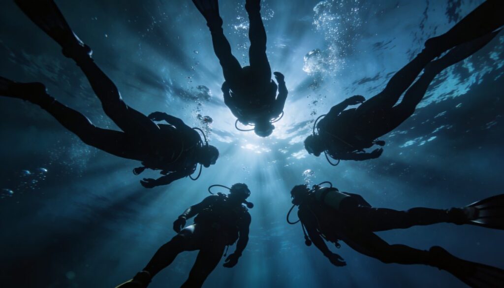 A group of 5 divers as seen from below