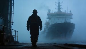 Offshore worker walks toward vessel on docks in misty weather